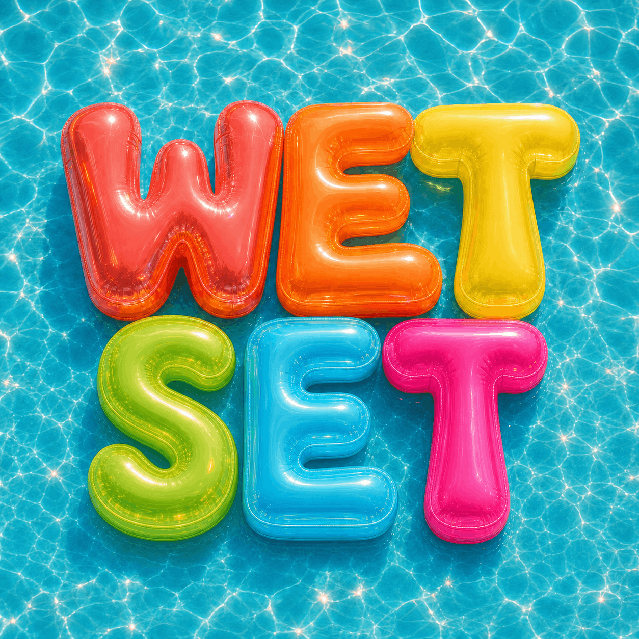 Wet Set rainbow pool-float logo in sparkling blue water